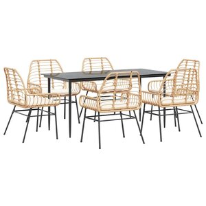 vidaXL Ensemble à manger jardin coussins 7Pièces marron poly rotin verre