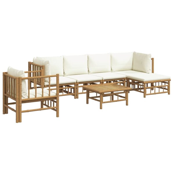 Salon de jardin meuble d'extérieur ensemble de mobilier 7 pièces avec coussins blanc crème bambou 02_0017082