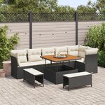 Ensemble de canapé de jardin 9 pièces avec coussins noir poly rotin acacia