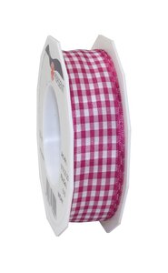Ruban textile carreau de vichy 20-m-rouleau 25 mm mit draht magenta/blanc