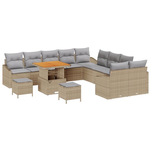 Ensemble de Canapé de Jardin 13 Pièces avec Coussins Beige Rotin Poly Acacia