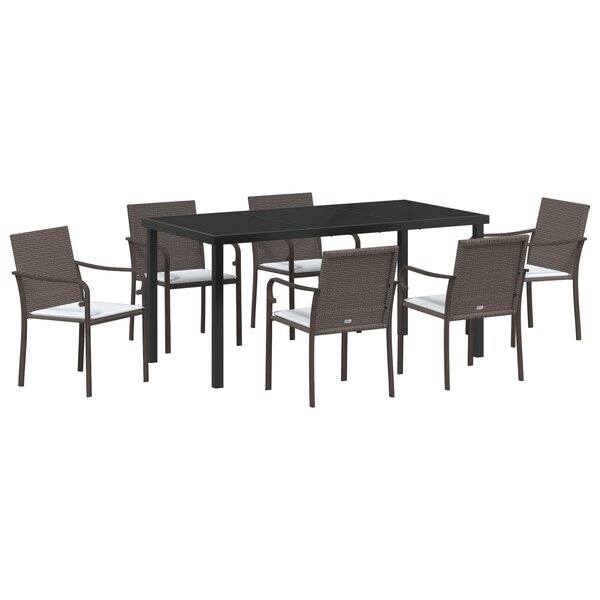 Set de salle à manger de jardin 7 pièces avec coussins en rotin poly marron