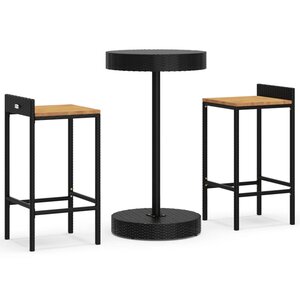 vidaXL Ensemble de bar jardin 3 Pièces noir poly rotin/bois massif acacia