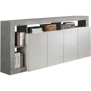Buffet Maestro effet béton & laqué blanc brillant 4 portes - 184 x 42 x Hauteur 93 cm