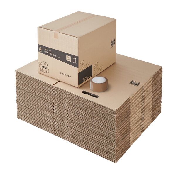 Pack and Move - Lot 75 cartons déménagement hauteur modubale : variable - 50 x 40 x 20-30 cm - Poignées renforcées - 3 adhésifs offerts