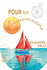 69-3132 Carte Anniversaire Bateau Voilier pour Homme Femme qui aime la Mer Océan Lac Peinture Aquarelle - Finitions Dorure Or Doré + Gaufrage en Relief +1 Enveloppe Format 12x17cm - Fabriqué en Europe