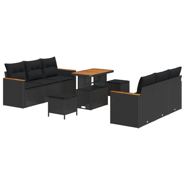 Ensemble de canapés de jardin de 9 pièces avec coussins noir en poly rattan acacia