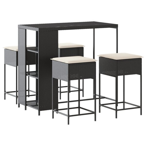 vidaXL Ensemble de bar de jardin 5 Pièces avec coussins noir poly rotin