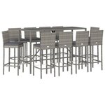 vidaXL Ensemble de bar de jardin 11 Pièces avec coussins gris poly rotin