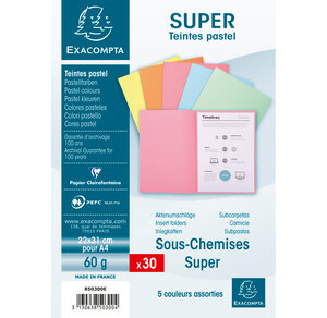 Paquet de 30 sous-chemises SUPER 60 - 22x31cm - Couleurs assorties EXACOMPTA