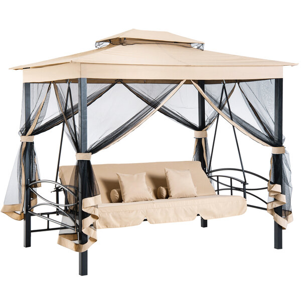 Balancelle de jardin 3 places convertible style colonial grand confort 5 coussins + matelas + moustiquaires inclus 2 56L x 1 72l x 2 48H m marron clair