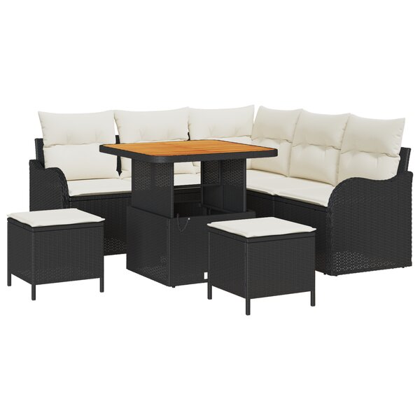 Ensemble de canapé jardin 8 pièces avec coussins en poly rotin noir acacia