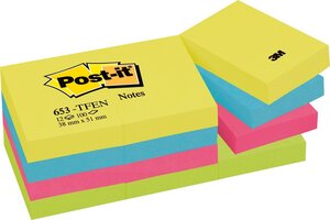 Lot de 12 blocs repositionnables coloris énergique 38x51mm 653TFEN POST-IT