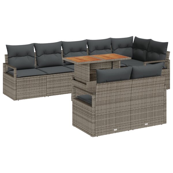 Ensemble de Canapé de Jardin 9 Pièces avec Coussins Gris Poly Rattan Acacia