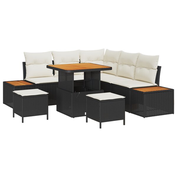Ensemble de Canapé de Jardin de 8 pièces avec Coussins Noir Poly Rattan Acacia