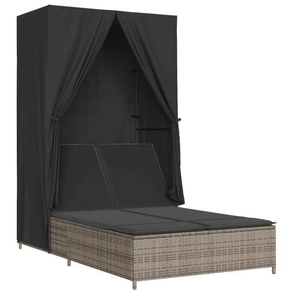 vidaXL Chaise longue double avec toit et rideaux gris résine tressée