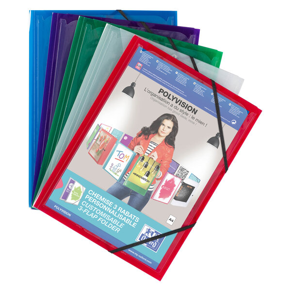 Chemise à élastique 3 rabats plastique personnalisable oxford polyvision 24 x 32 cm dos 1 5 cm couleurs assorties - lot de 20