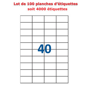 Lot de 100 Planches étiquettes autocollantes blanches sur feuille A4 : 52 5 x 29 7 mm (40 étiquettes)