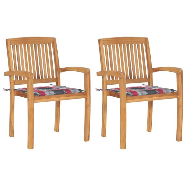 vidaXL Chaises de jardin lot de 2 avec coussins à carreaux rouges Teck