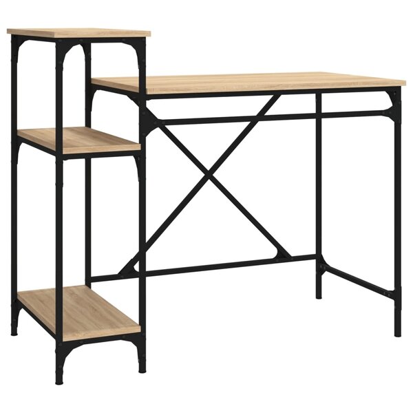Bureau table poste de travail meuble d'ordinateur informatique étude avec étagères chêne 105 x 50 x 90cm bois d'ingénierie et fer brun 02_0023485
