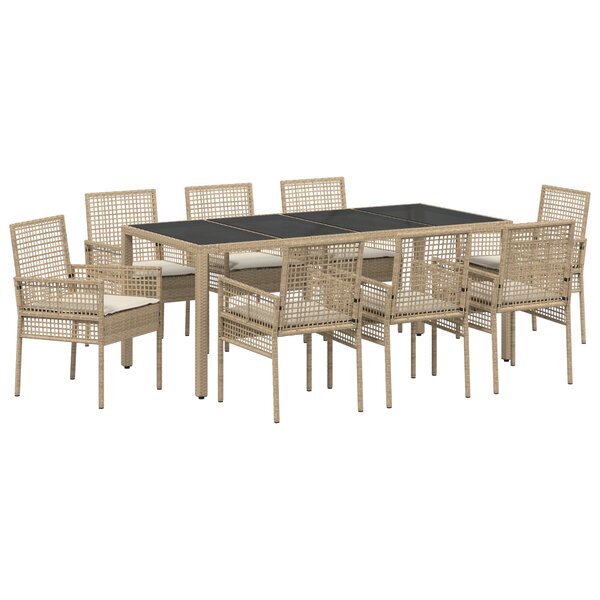 Ensemble de salle à manger de jardin 9 pièces avec coussins beige en poly rattan