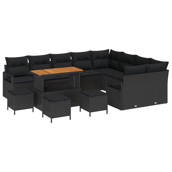 Ensemble de 13 canapés de jardin avec coussins noirs en poly rotin et acacia
