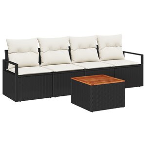 Canapé de jardin 5 pièces avec coussins noir en poly rotin et acacia