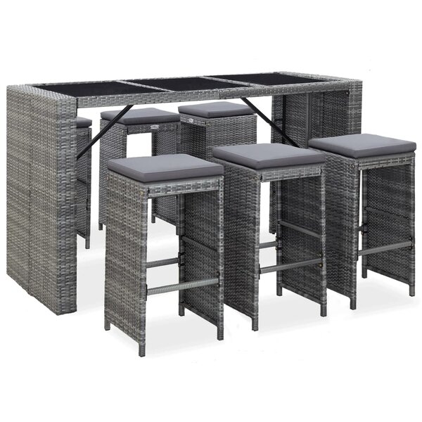 vidaXL Meuble de bar de jardin 7 Pièces et coussins Résine tressée Gris