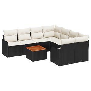 Set de Sofa de Jardin Modulaire de 9 Pièces avec Coussins Noir Poly Rattan Acacia