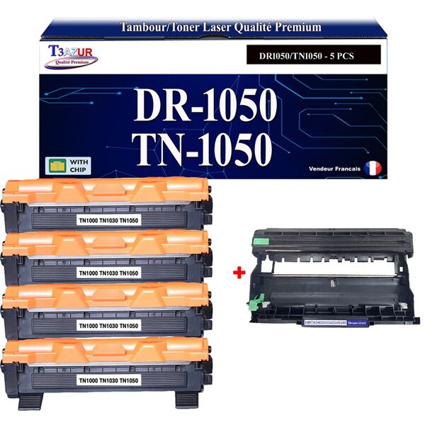Kit Tambour+ 4 Toners compatibles avec Brother TN1050  DR1050 pour Brother DCP1510  DCP1512  DCP1610W  DCP1612W  - T3AZUR