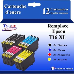 T3AZUR- 12x Cartouches Compatibles avec Epson 16XL 16 XL remplace Epson WF2010W WF2510 WF2520 WF2530 WF2540 WF2630 WF2650 WF2660 WF2750 WF2760