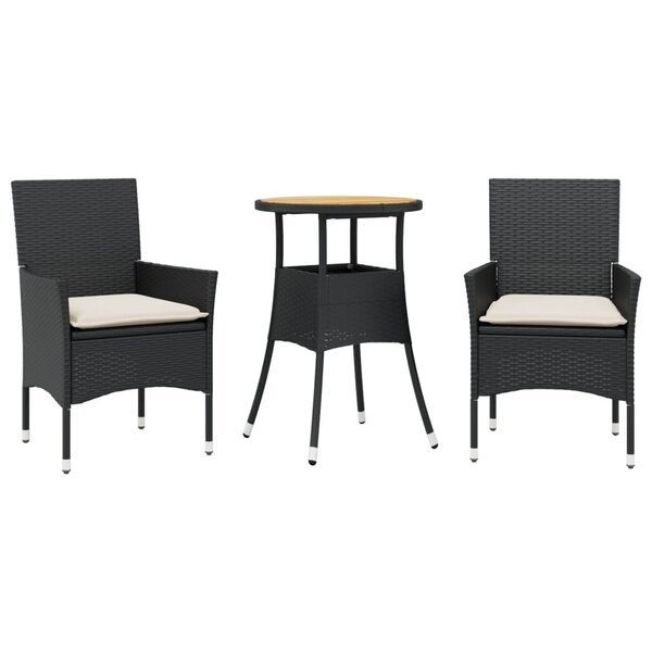 vidaXL Ensemble à manger de jardin et coussins 3 Pièces noir rotin acacia