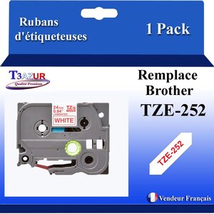 Ruban d'étiqueteuse compatible avec Brother Tze252  Tze-252 pour étiqueteuses P-touch - Texte rouge sur fond blanc - Largeur 24 mm x 8 mètres - T3AZUR