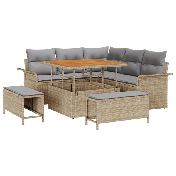 Ensemble de canapés de jardin 8 pièces avec coussins beige en rotin poly acacia