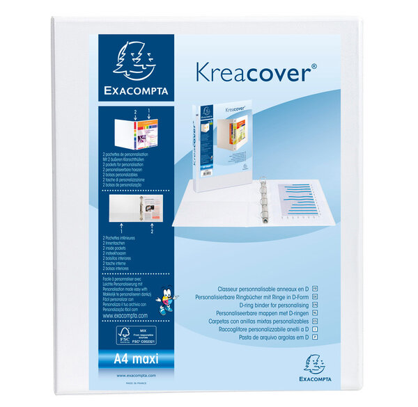 Classeur PP personnalisable Kreacover - 4 anneaux en D 25mm - A4 maxi, blanc EXACOMPTA
