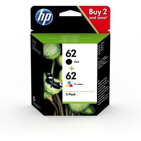 Hp 62 pack de 2 cartouches authentiques d'encre noire / trois couleurs pour hp envy 5540/5640/7640 (n9j71ae)