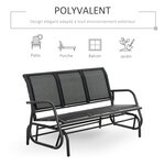 Banc à bascule de jardin 3 places design contemporain grand confort accoudoirs assise et dossier ergonomique acier textilène noir