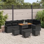 Canapé de Jardin 10 Pièces Avec Coussins Noir Poly Rattan Acacia