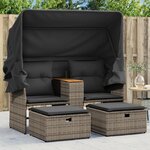 vidaXL Canapé de jardin 2 places avec auvent et tabourets gris rotin