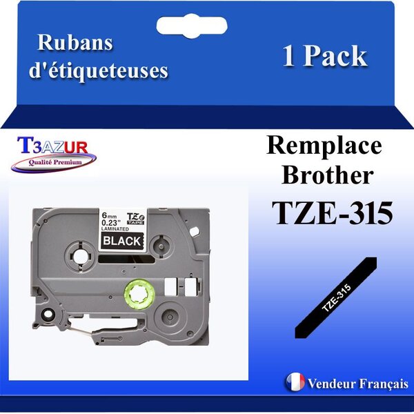 Ruban d'étiqueteuse compatible avec Brother Tze315 Tze-315 pour étiqueteuses P-touch - Texte blanc sur fond noir - Largeur 6 mm x 8 mètres - T3AZUR