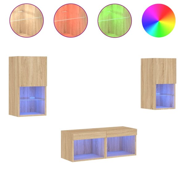 vidaXL Meuble TV muraux 4 Pièces avec lumières LED chêne sonoma