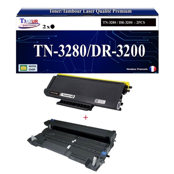 T3AZUR - Kit Tambour+Toner compatibles avec Brother TN3280  TN3230  DR3200 pour Brother HL-3250  HL-5340D  HL-5340DL  HL-5350DN  HL-5350DNLT  HL-5370DW  HL-5380DN
