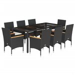 vidaXL Ensemble à manger de jardin et coussins 9 Pièces noir rotin verre