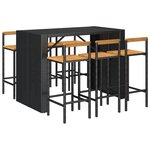 vidaXL Ensemble de bar jardin 7 Pièces noir poly rotin/bois massif acacia