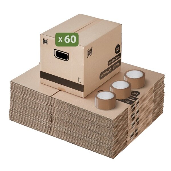 Pack and Move - Lot 60 cartons déménagement stockage livres - 40 x 30 x 30 cm - Poignées renforcées - 3 adhésifs offerts