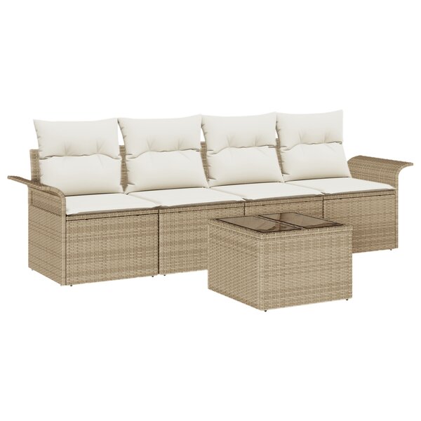 vidaXL Set de canapés de jardin 5 pièces avec coussins - Rotin poly beige.