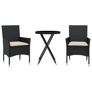 vidaXL Ensemble de bistro avec coussins 3Pièces noir résine tressée verre