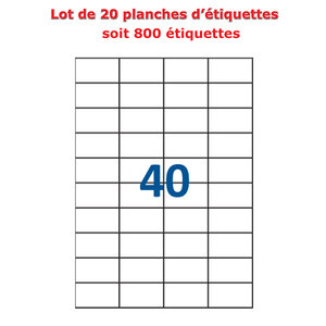 Lot de 20 Planches étiquettes autocollantes sur feuille A4 : 52 5 x 29 7 mm (40 étiquettes par feuille)