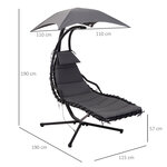 Bain de soleil transat suspendu avec pare-soleil et matelas design contemporain 190L x 115l x 190H cm acier polyester gris foncé noir