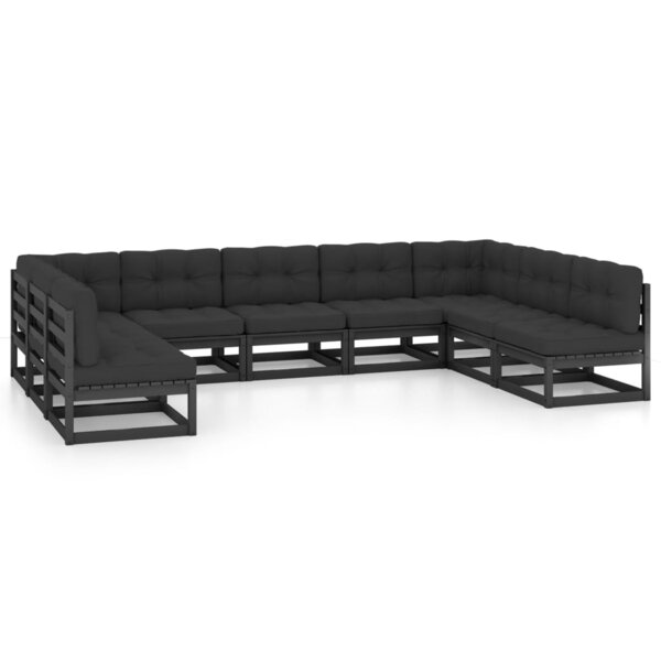 vidaXL Salon de jardin 9 Pièces avec coussins noir bois de pin massif